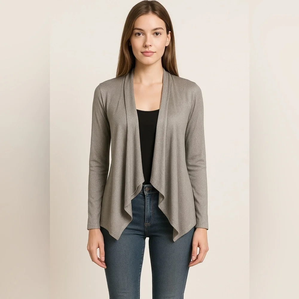 INC International Concepts Women Gray Open Silk  Cardigan Sweater Size S modest